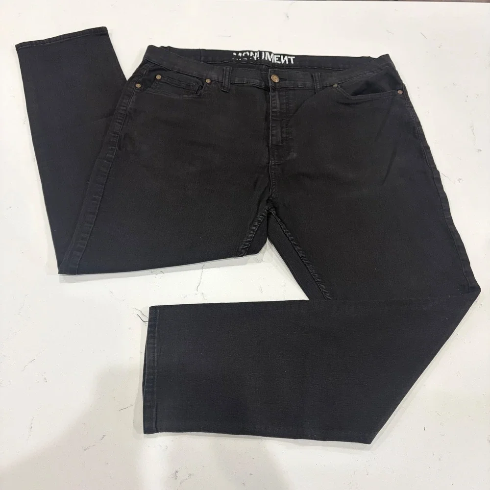 Y2K Monument Mens Black Denim Jeans Straight‎ Leg Baggy Pants 38x28
